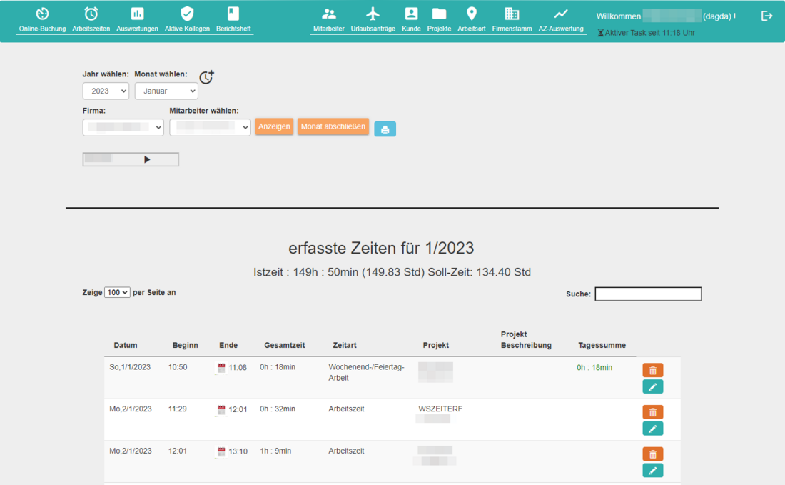 Zeiterfassung Webapp Übersicht Arbeitszeiten
